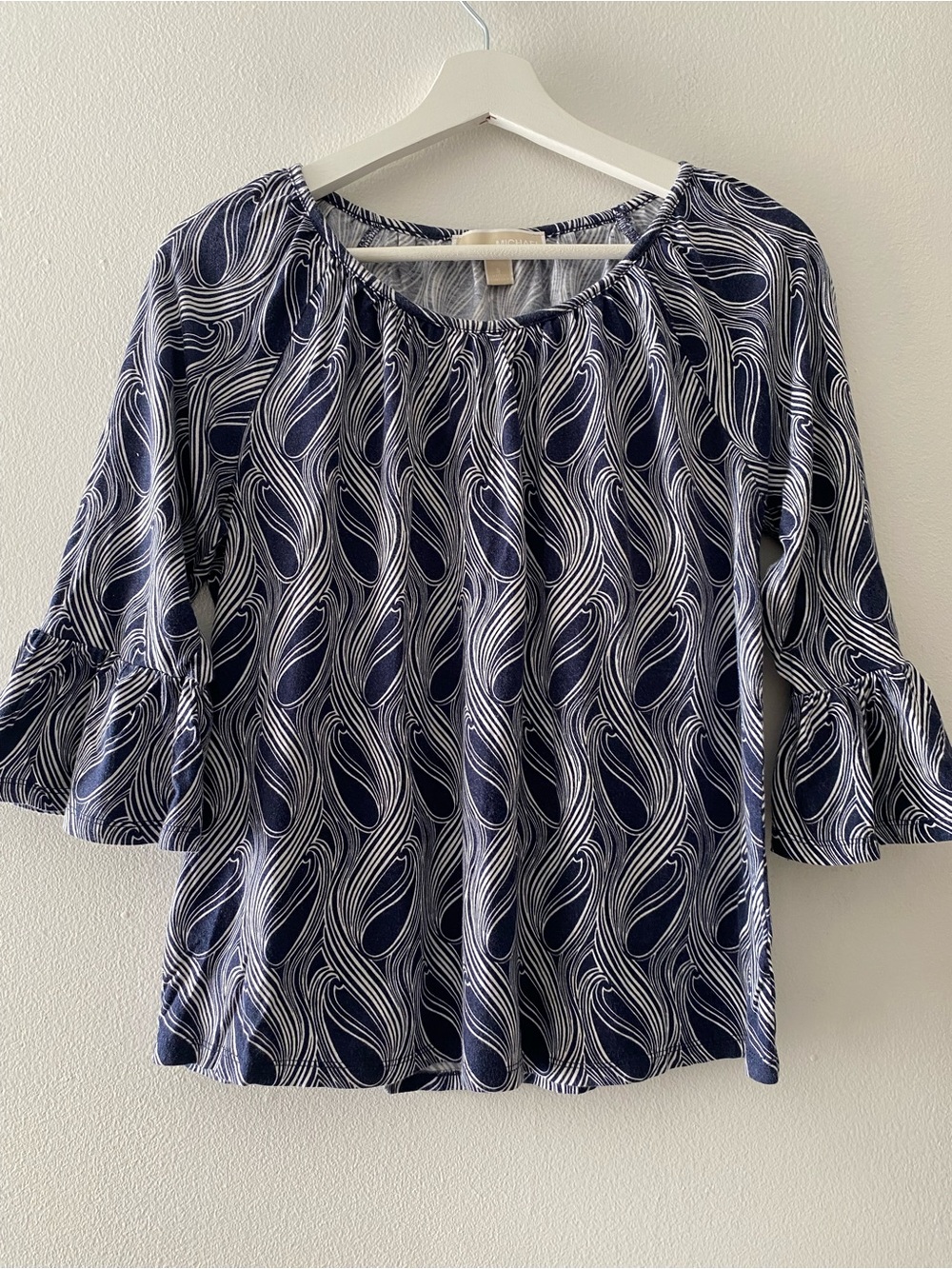 Michael Michael Kors Navy and White Wave-Print Peasant Knit Top Blouse